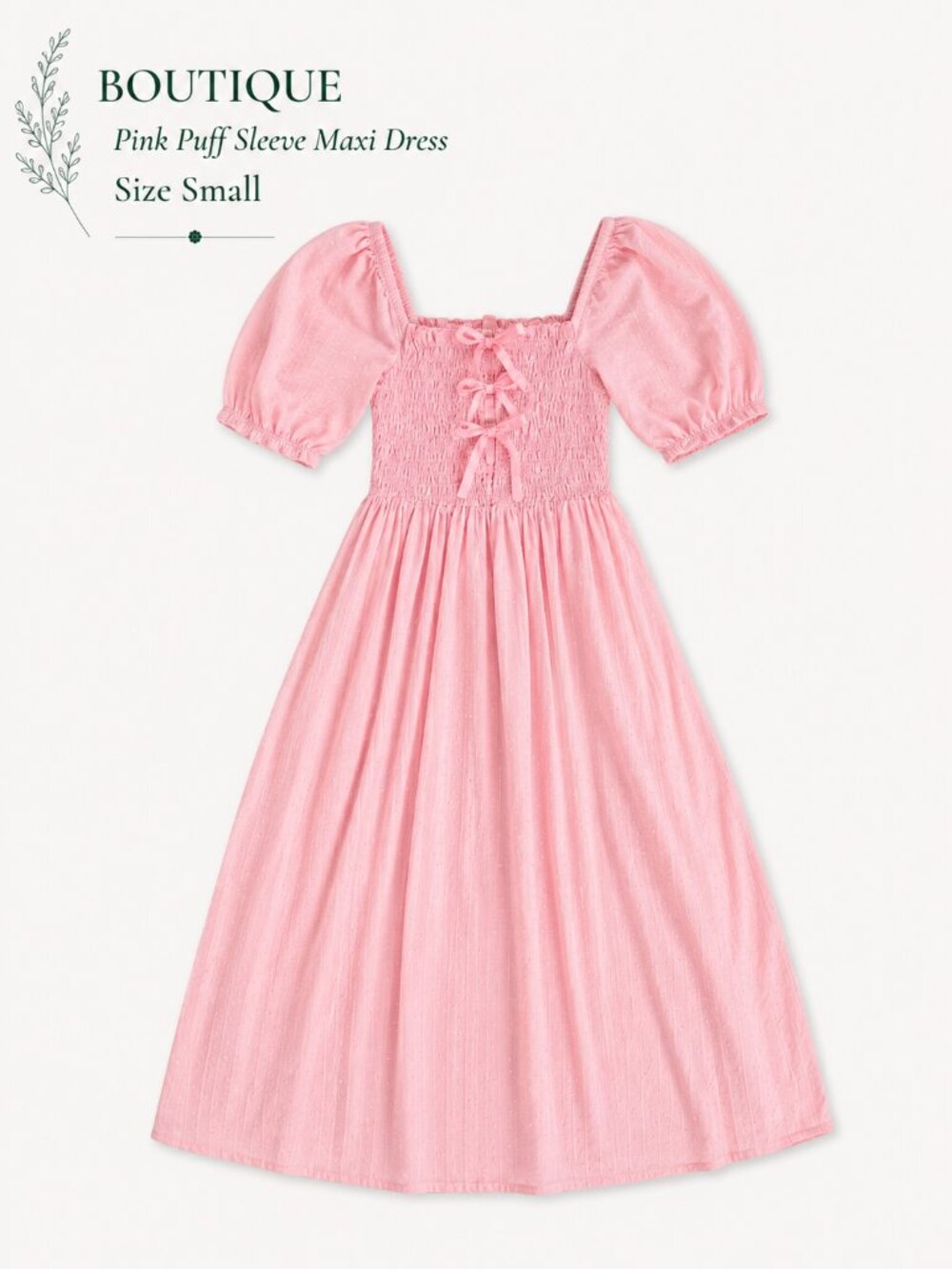 Boutique Pink Cotton Puff Sleeve Smocked Maxi Dress Size S